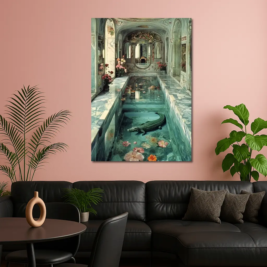 Crocodile In Ornate Marble Palace Pool – Wall Art