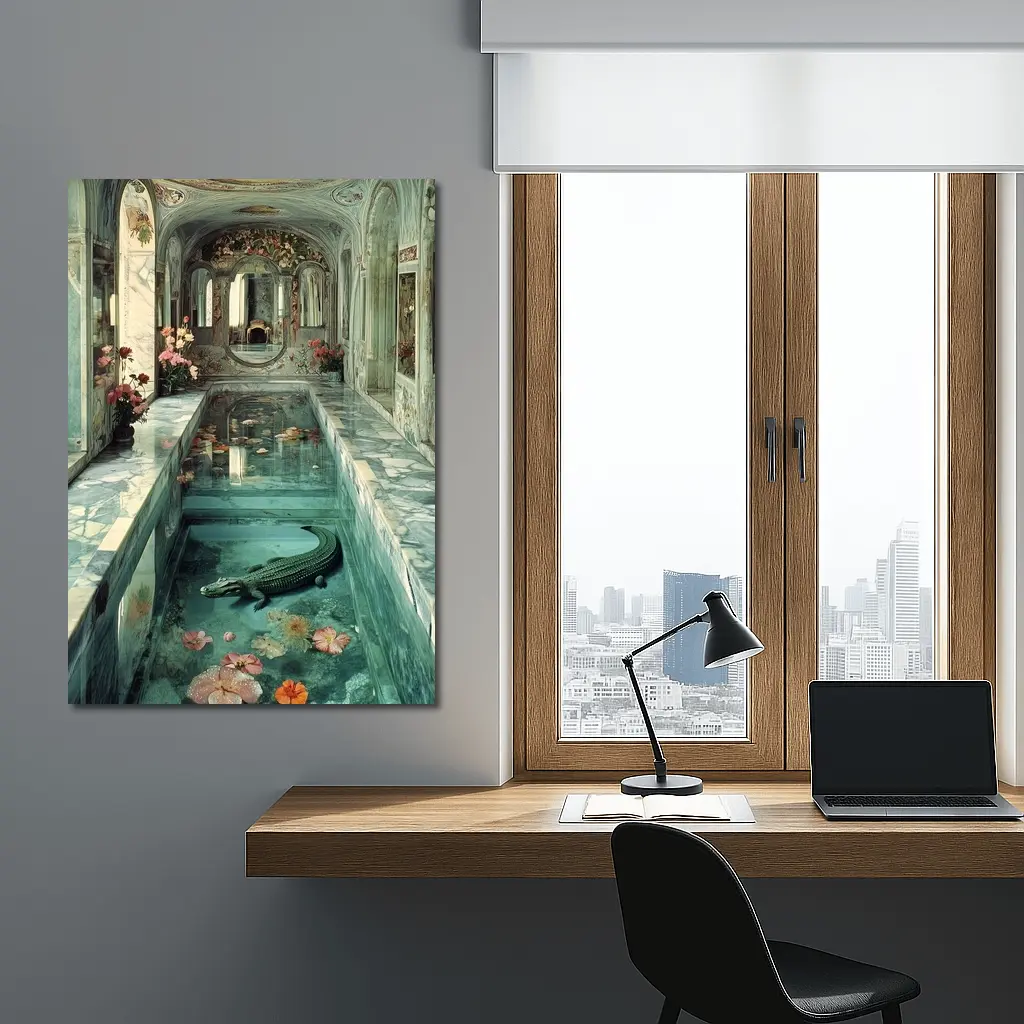 Crocodile In Ornate Marble Palace Pool – Wall Art