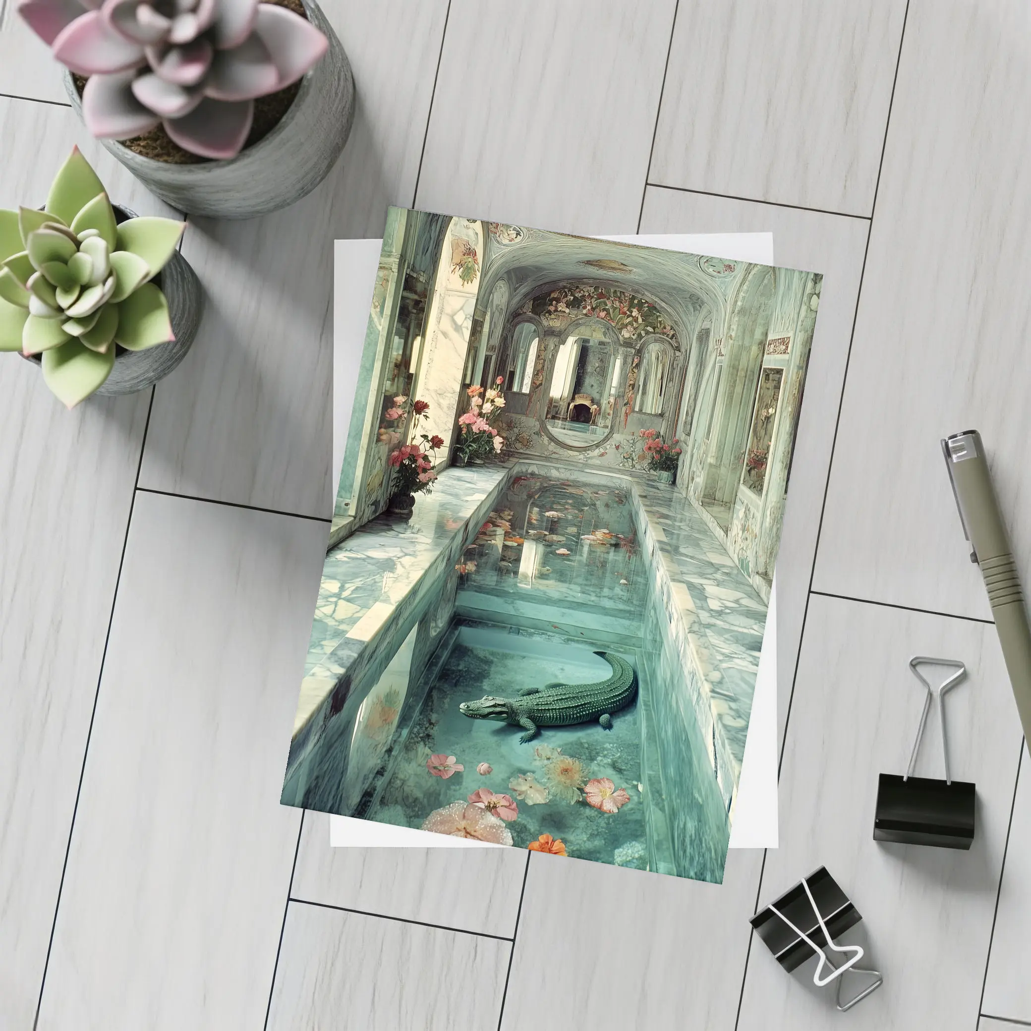 Crocodile In Ornate Marble Palace Pool – Postcards