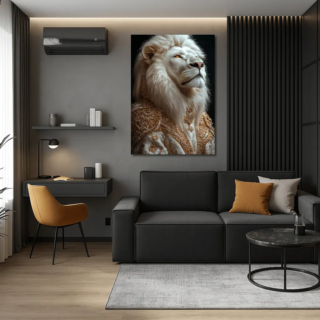 White Lion Gold Robe Dark Background Portrait – Wall Art