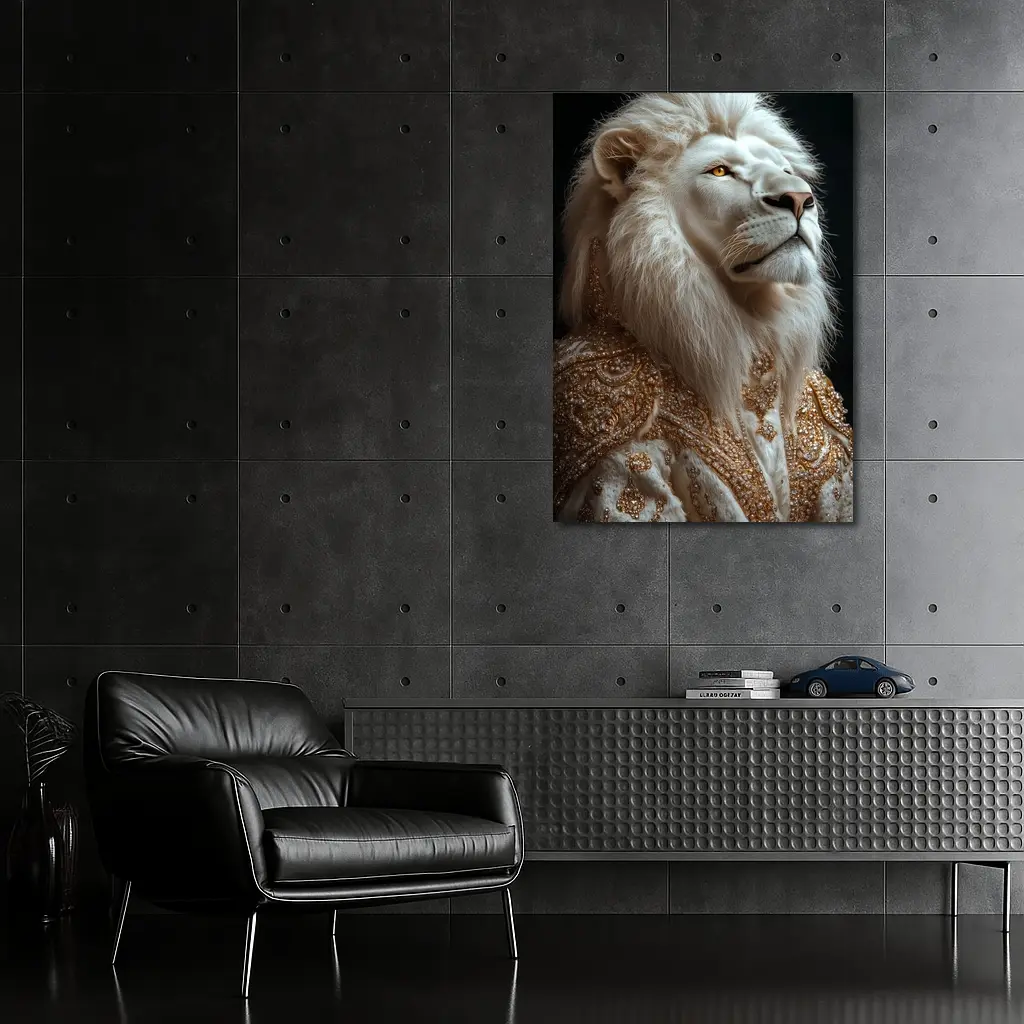 White Lion Gold Robe Dark Background Portrait – Wall Art