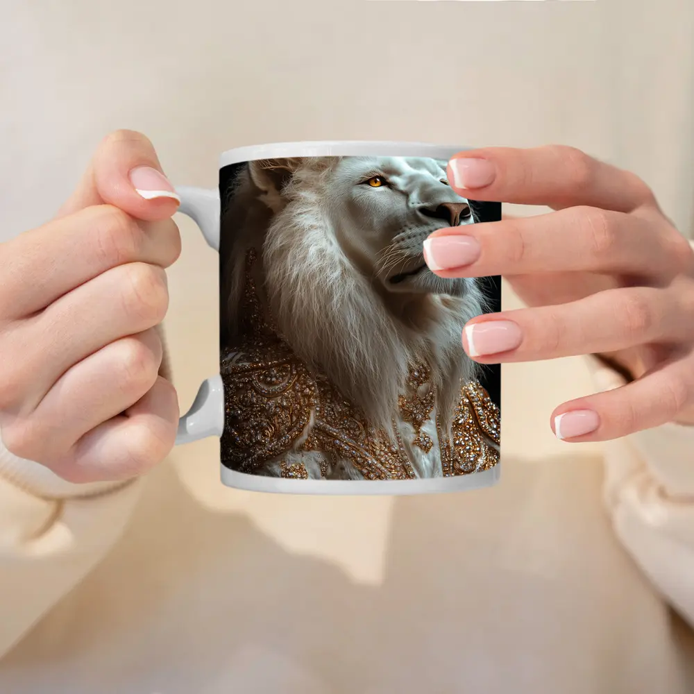 White Lion Gold Robe Dark Background Portrait – Mugs