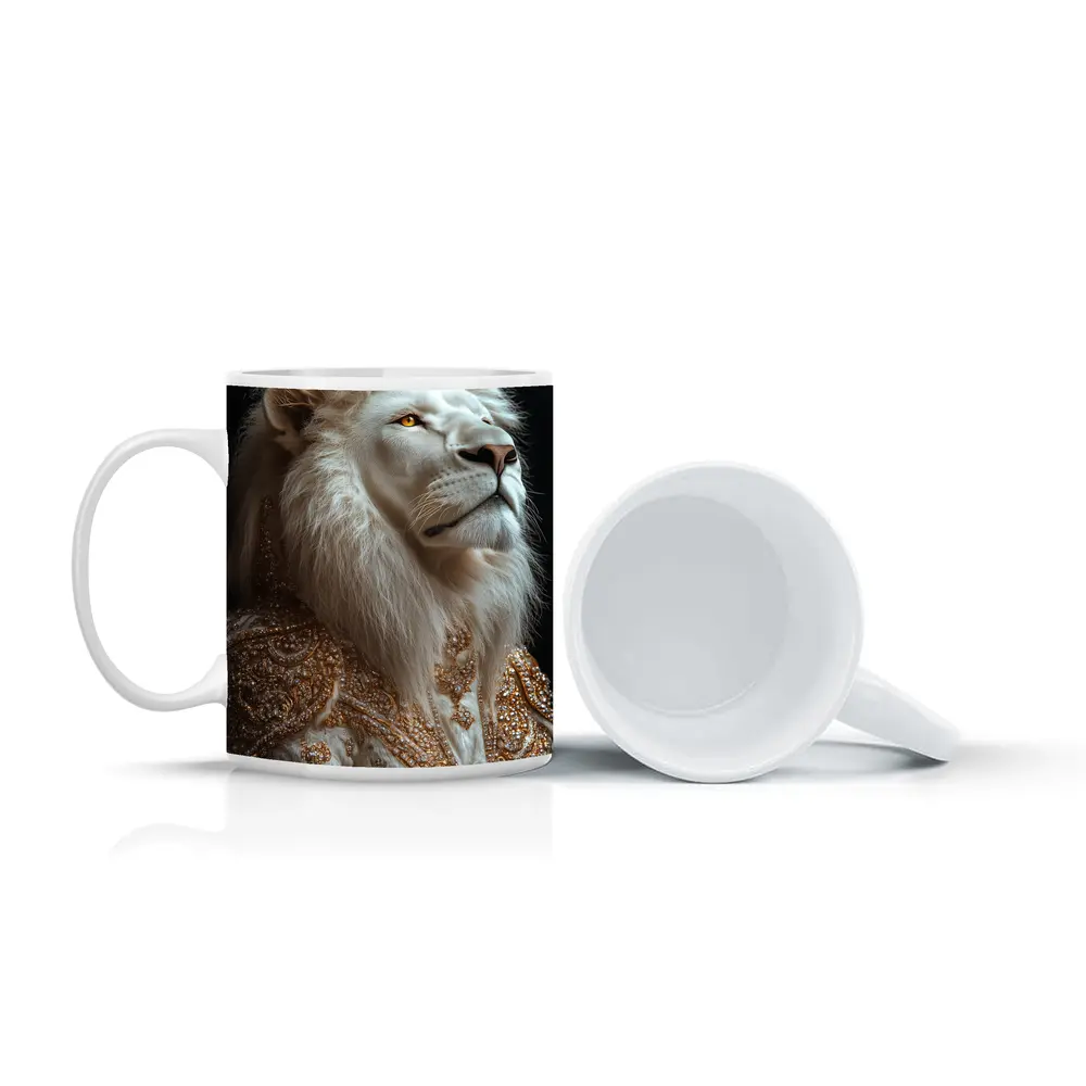 White Lion Gold Robe Dark Background Portrait – Mugs