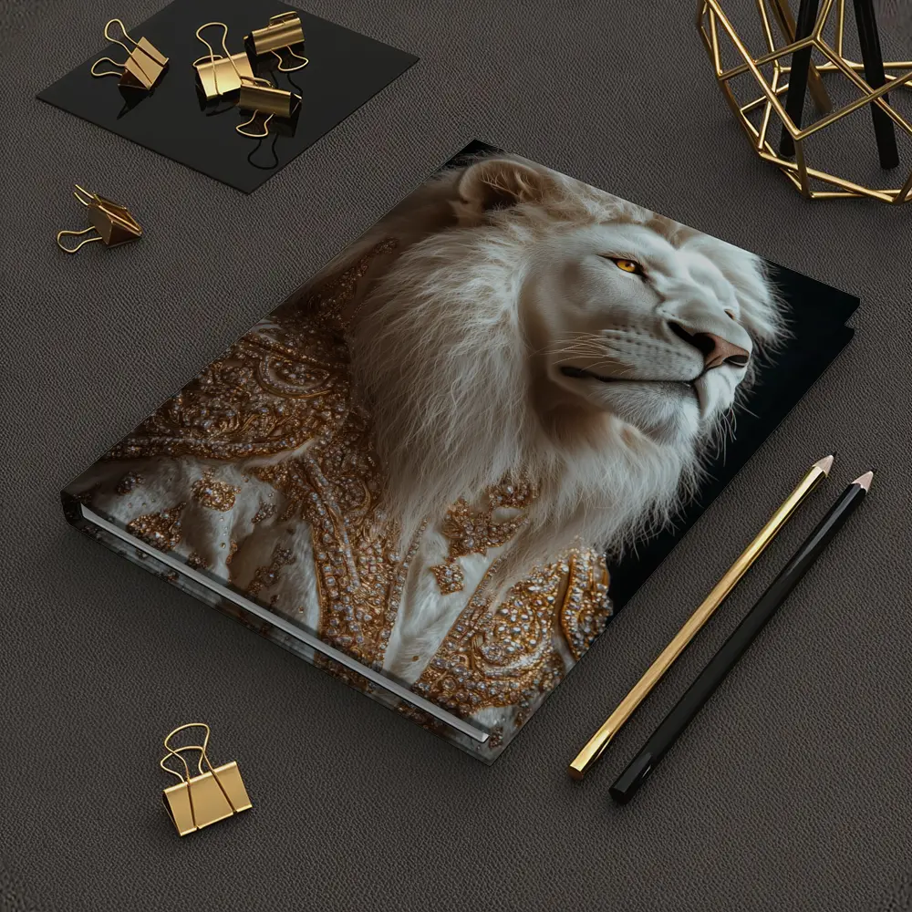White Lion Gold Robe Dark Background Portrait – Notebooks