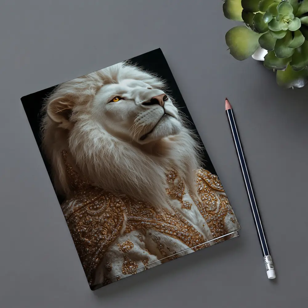 White Lion Gold Robe Dark Background Portrait – Notebooks