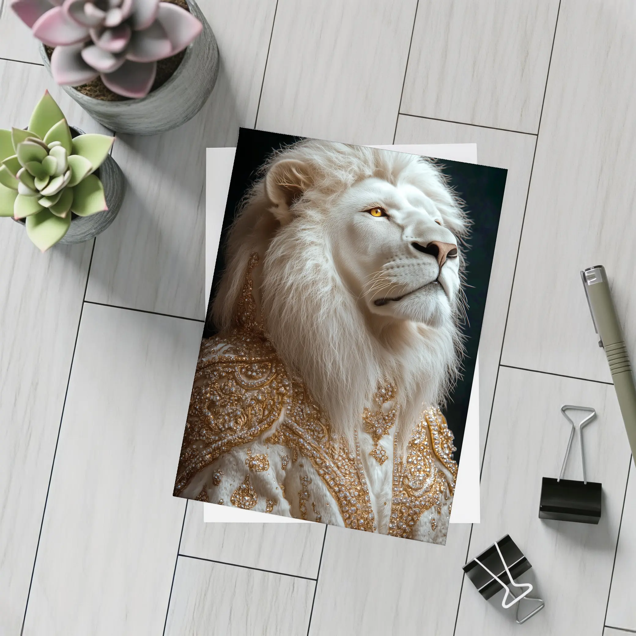 White Lion Gold Robe Dark Background Portrait – Postcards