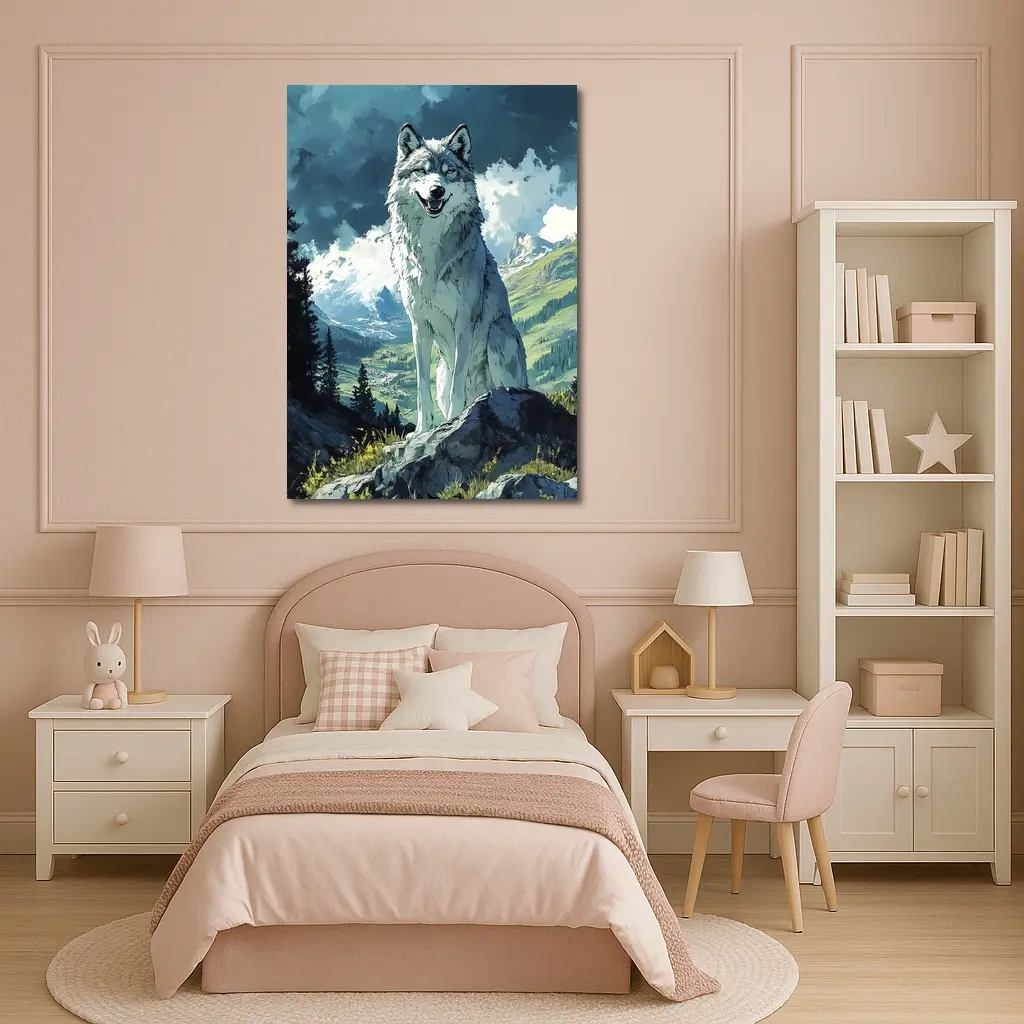 White Wolf Sitting on Mountain Rock Anime – Wall Art