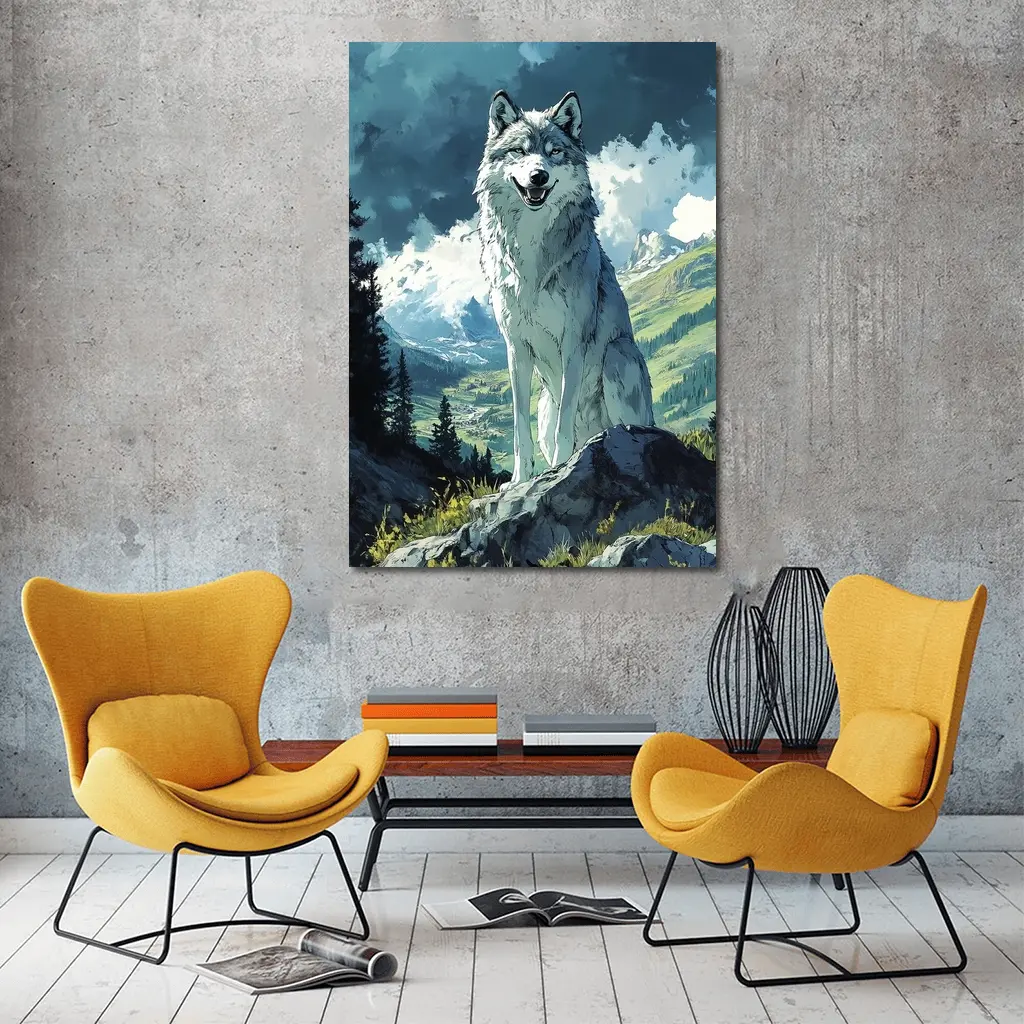 White Wolf Sitting on Mountain Rock Anime – Wall Art