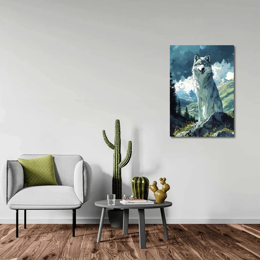 White Wolf Sitting on Mountain Rock Anime – Wall Art