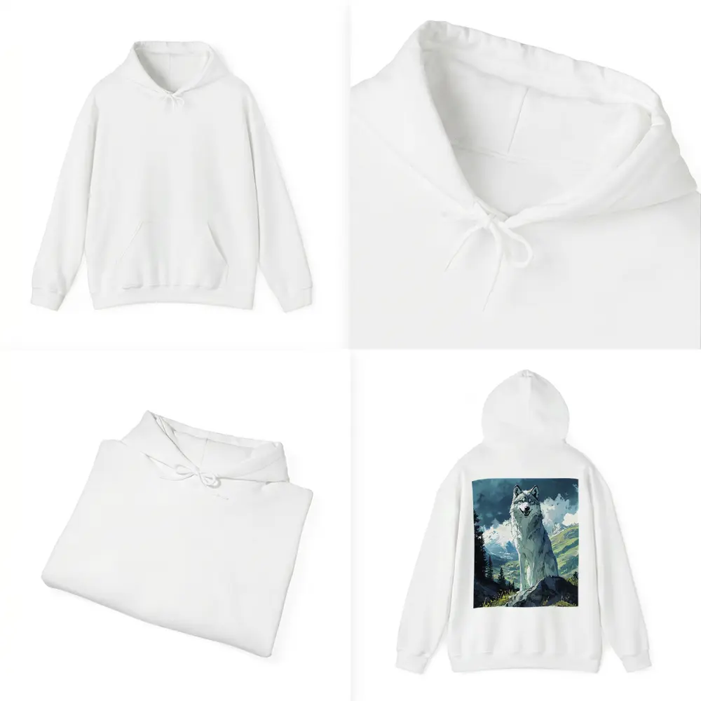 White Wolf Sitting on Mountain Rock Anime – Hoodies
