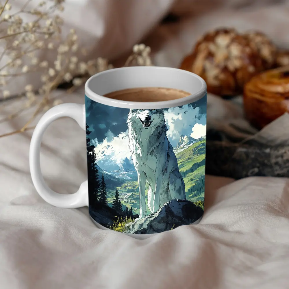 White Wolf Sitting on Mountain Rock Anime – Mugs