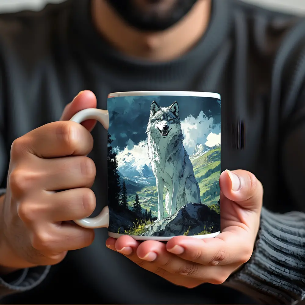White Wolf Sitting on Mountain Rock Anime – Mugs