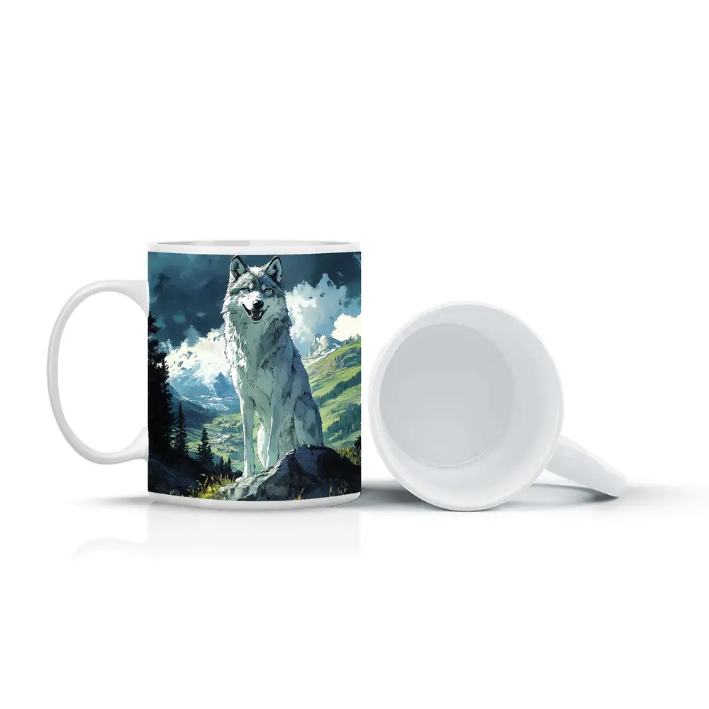 White Wolf Sitting on Mountain Rock Anime – Mugs