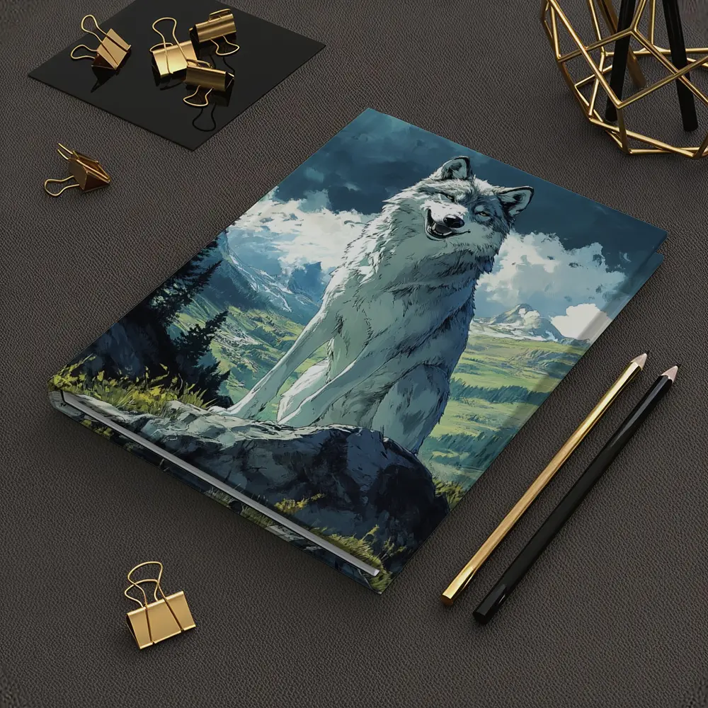 White Wolf Sitting on Mountain Rock Anime – Notebooks