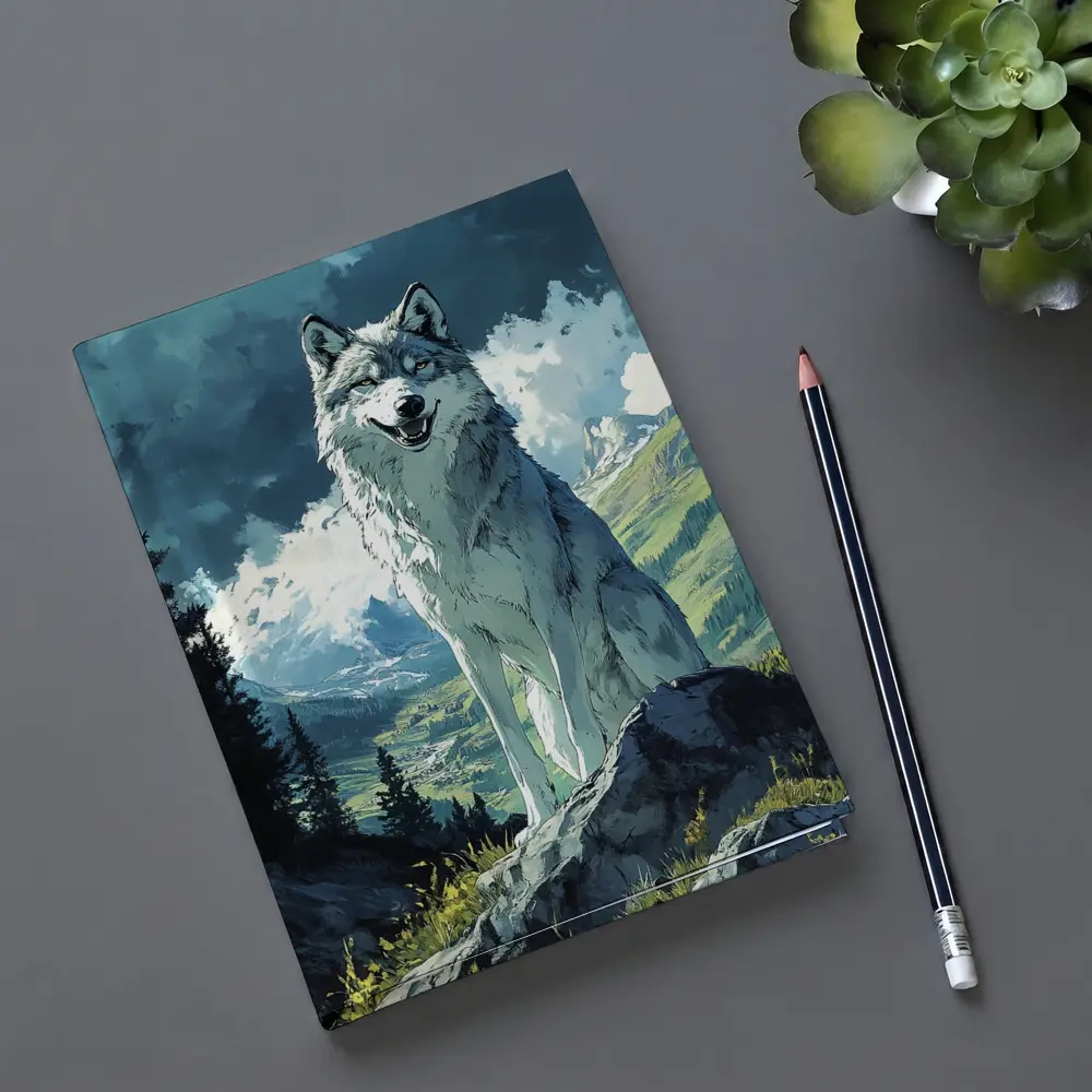 White Wolf Sitting on Mountain Rock Anime – Notebooks