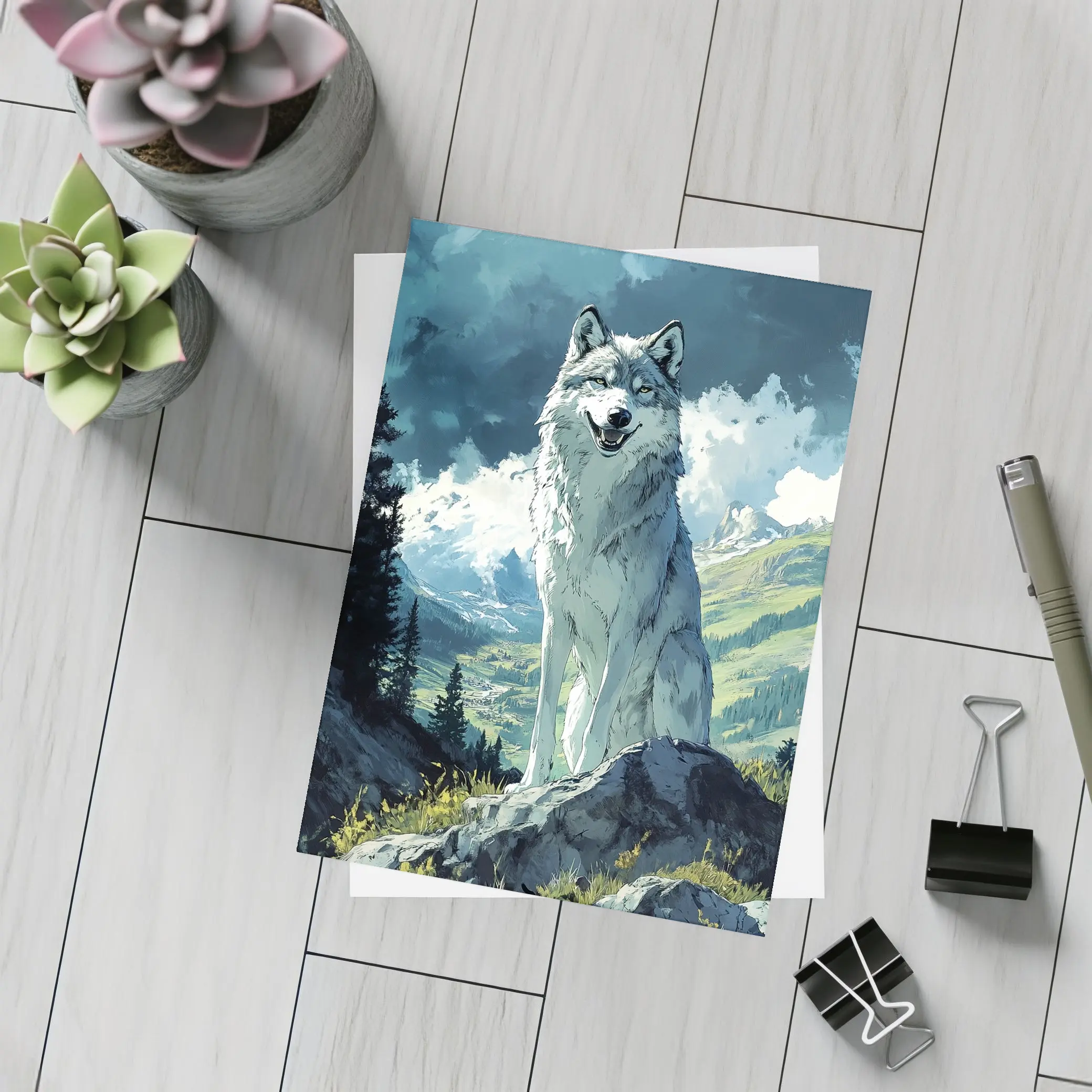 White Wolf Sitting on Mountain Rock Anime – Postcards
