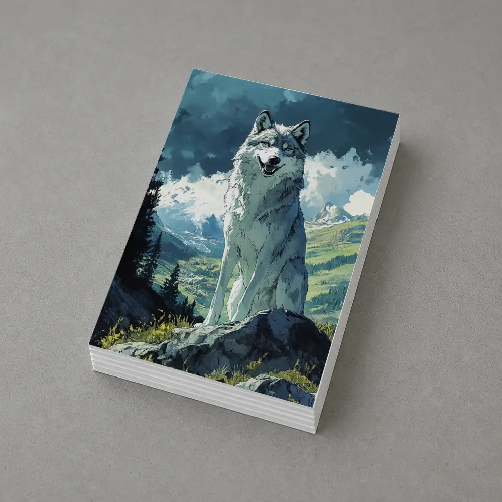 White Wolf Sitting on Mountain Rock Anime – Postcards
