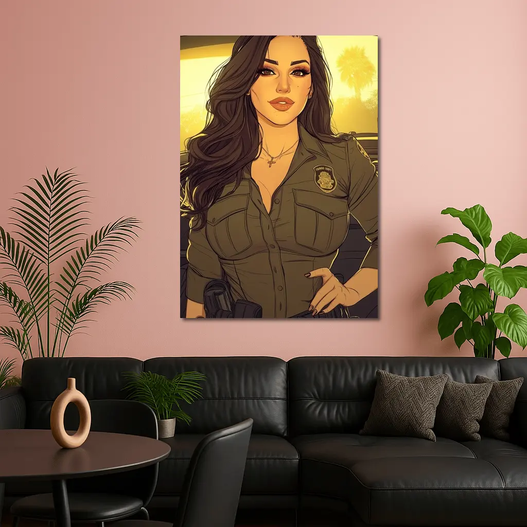 Comic Style Female Officer Sunset Background – Wall Art