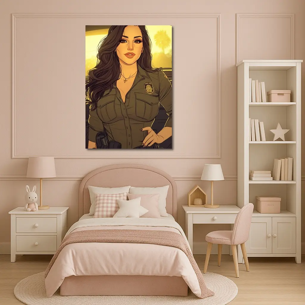 Comic Style Female Officer Sunset Background – Wall Art