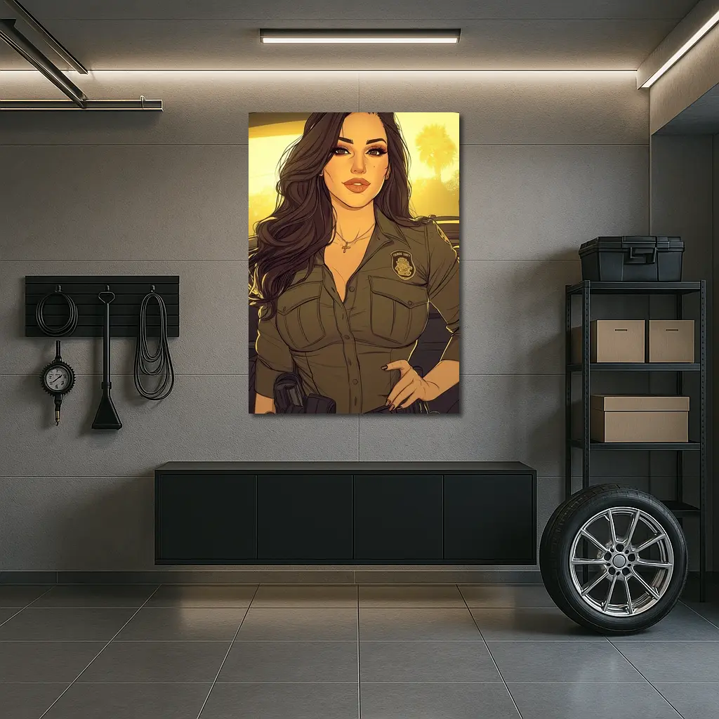 Comic Style Female Officer Sunset Background – Wall Art