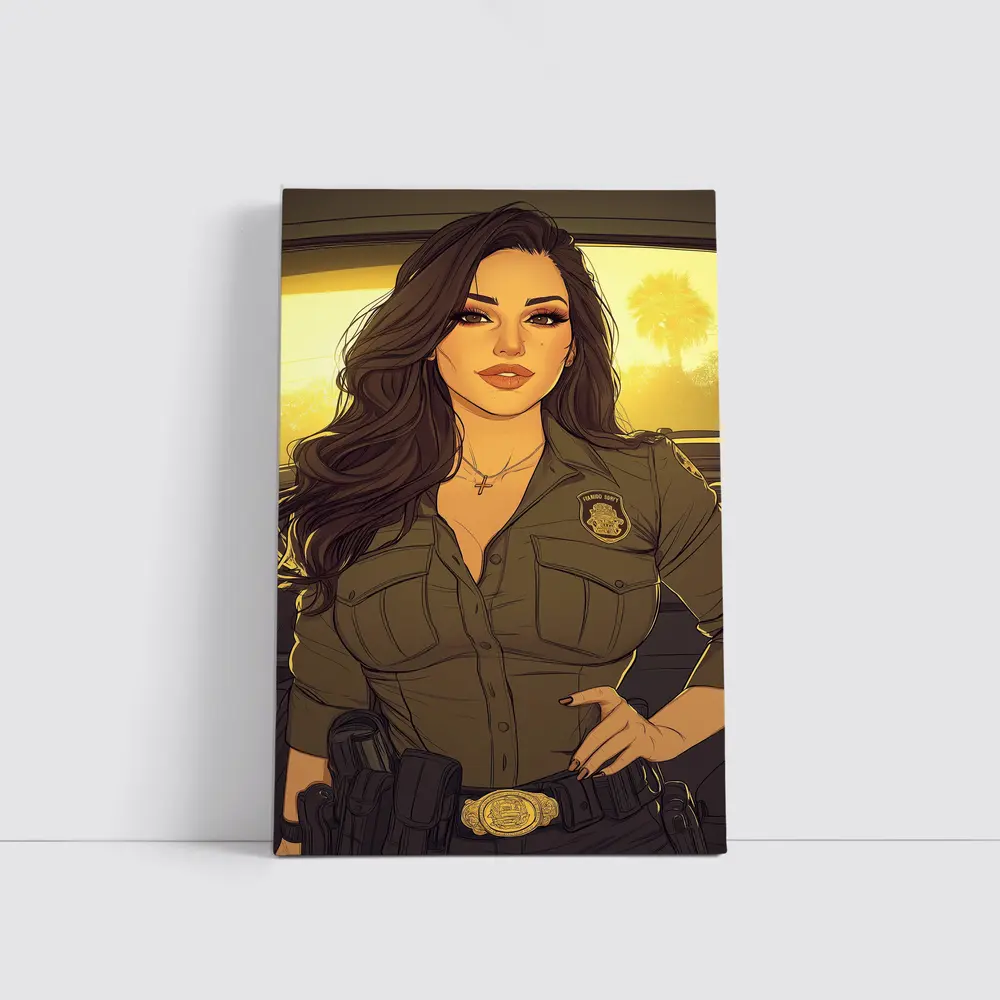 Comic Style Female Officer Sunset Background – Wall Art