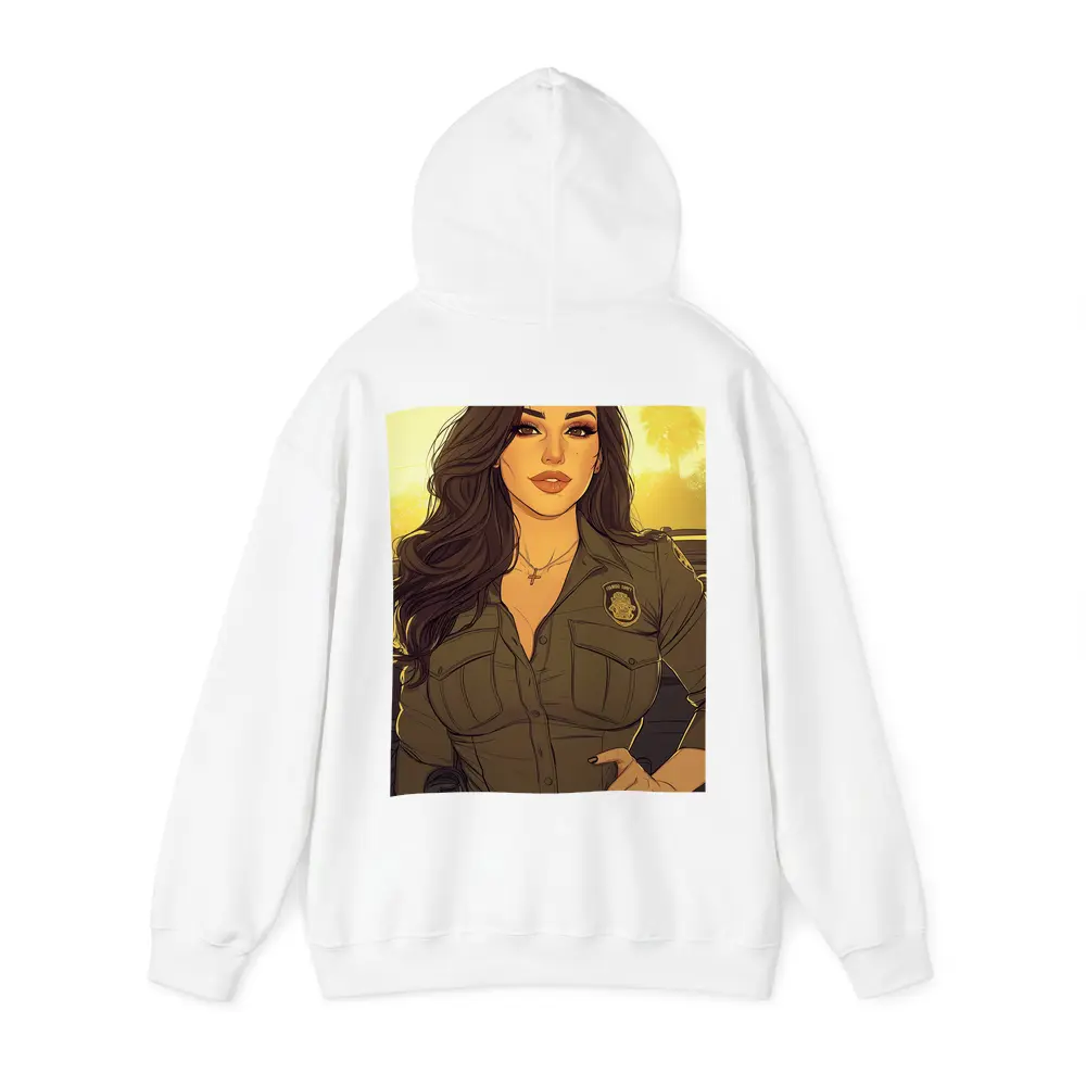 Comic Style Female Officer Sunset Background – Hoodies