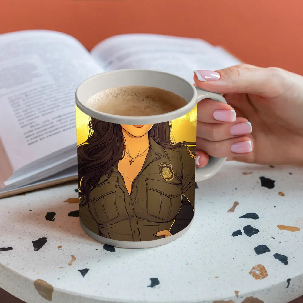 Comic Style Female Officer Sunset Background – Mugs