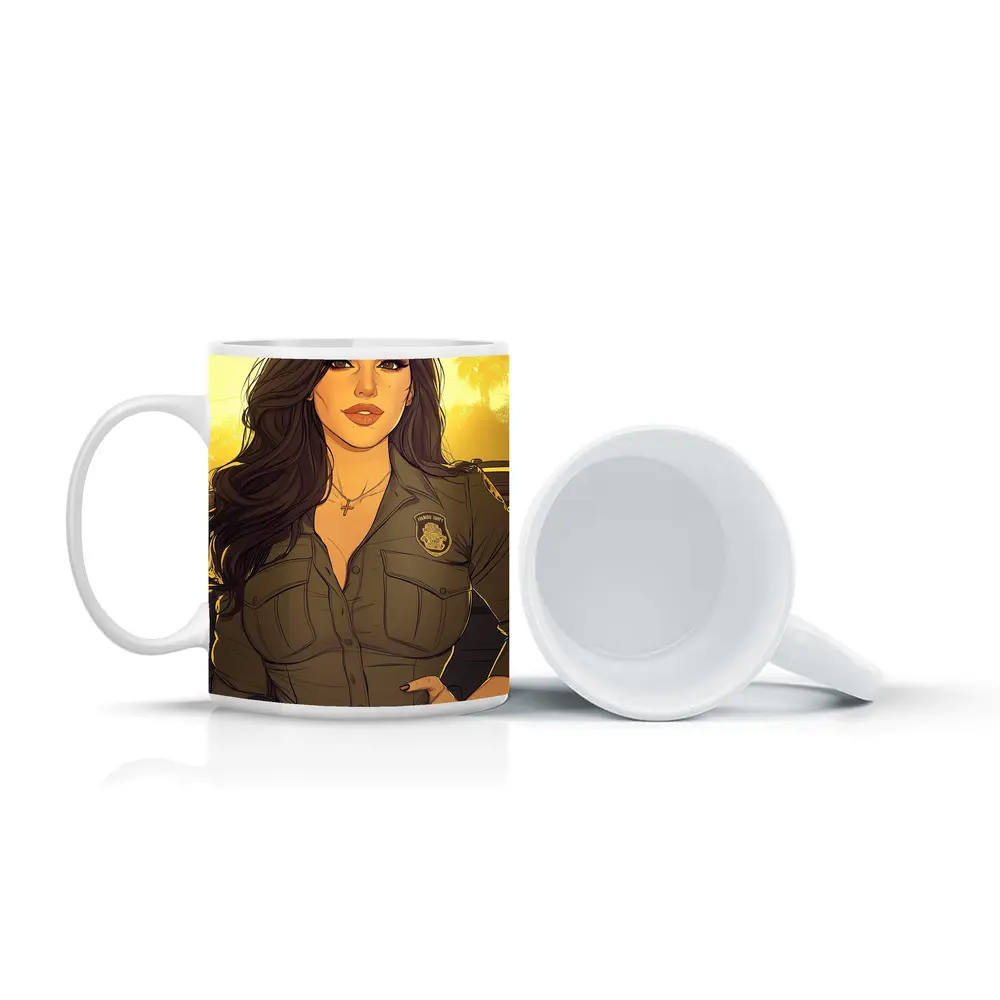Comic Style Female Officer Sunset Background – Mugs