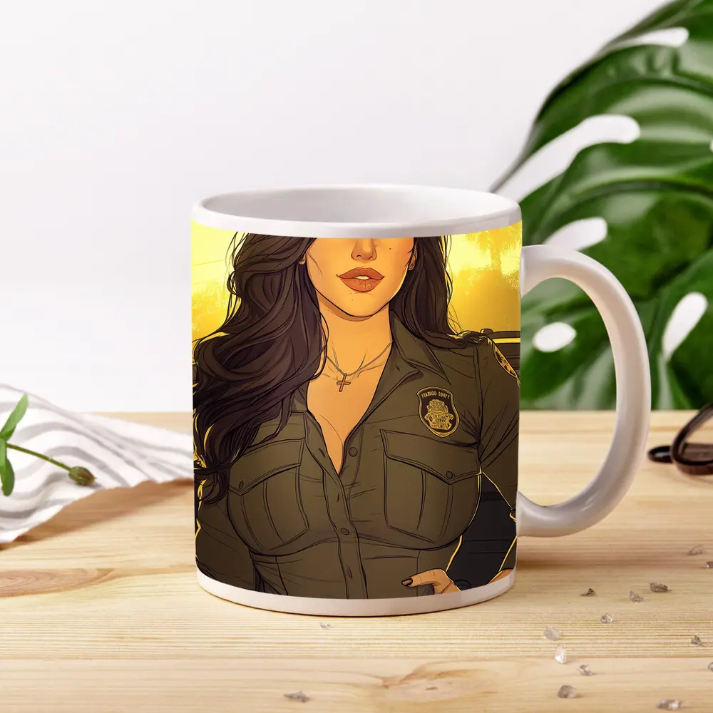 Comic Style Female Officer Sunset Background – Mugs
