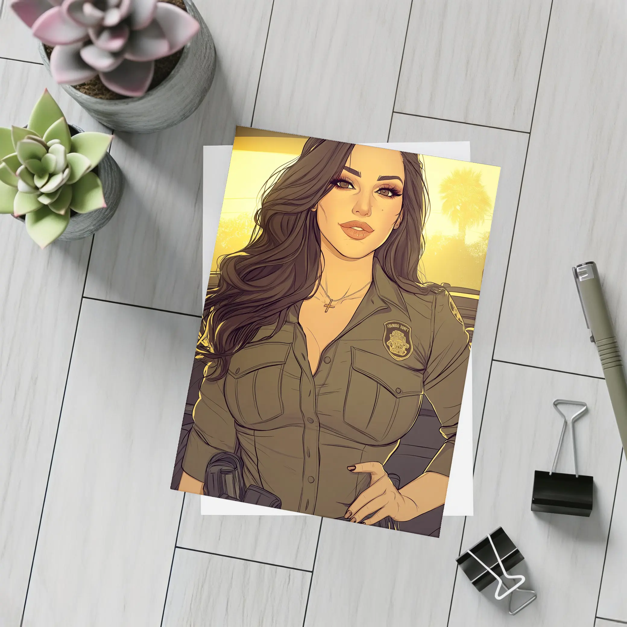 Comic Style Female Officer Sunset Background – Postcards