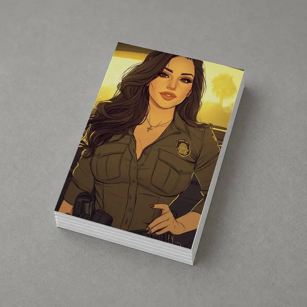 Comic Style Female Officer Sunset Background – Postcards