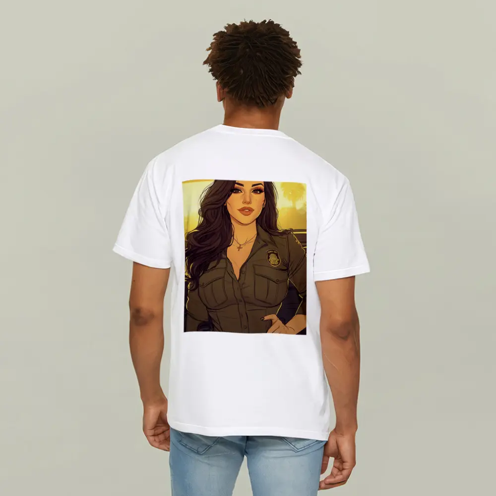 Comic Style Female Officer Sunset Background – T-Shirts