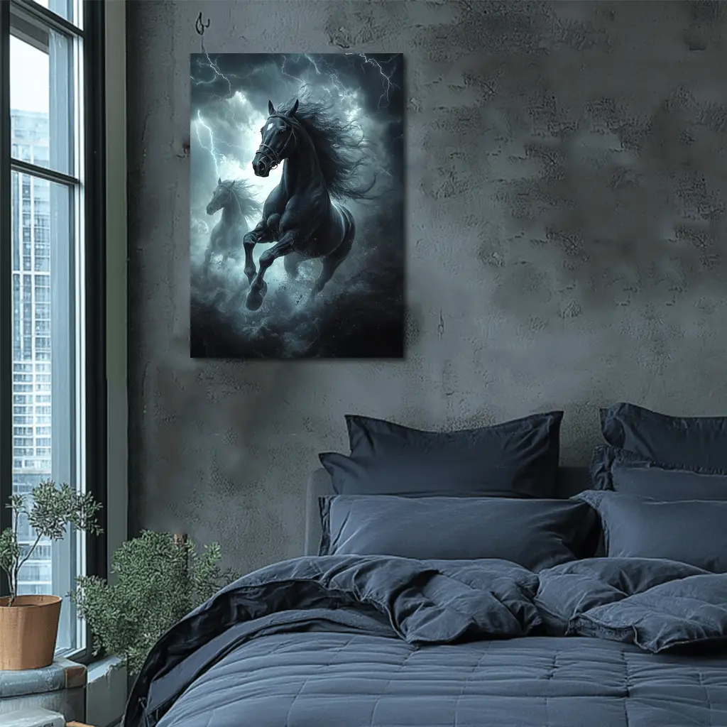 Black Horses Running Through Lightning Storm – Wall Art