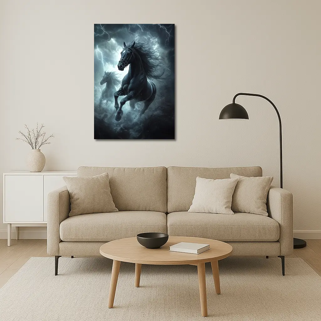 Black Horses Running Through Lightning Storm – Wall Art