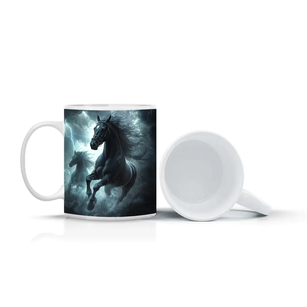 Black Horses Running Through Lightning Storm – Mugs