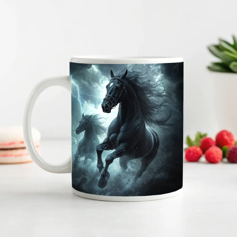 Black Horses Running Through Lightning Storm – Mugs