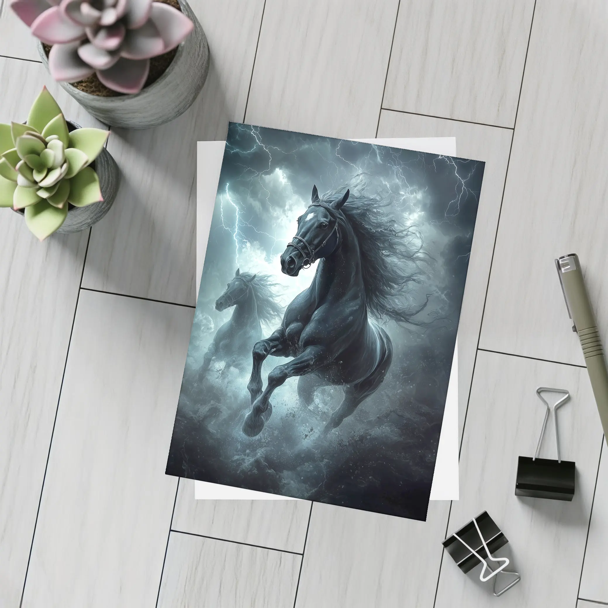 Black Horses Running Through Lightning Storm – Postcards
