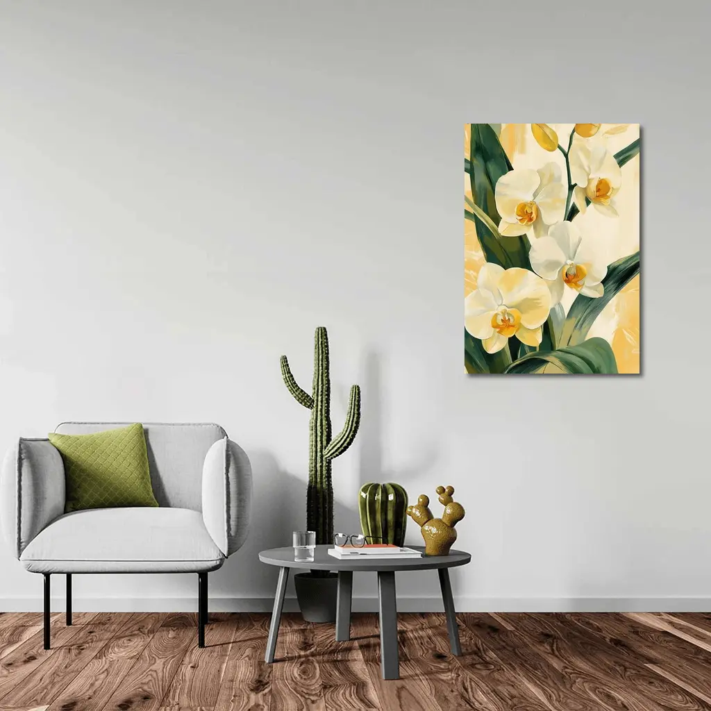 White Orchid Flowers Painting Warm Yellow Background – Wall Art