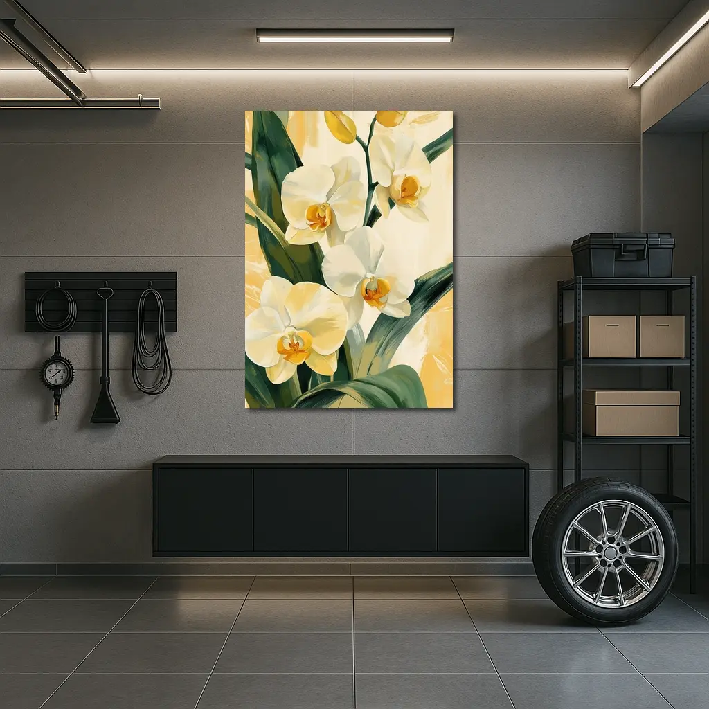 White Orchid Flowers Painting Warm Yellow Background – Wall Art