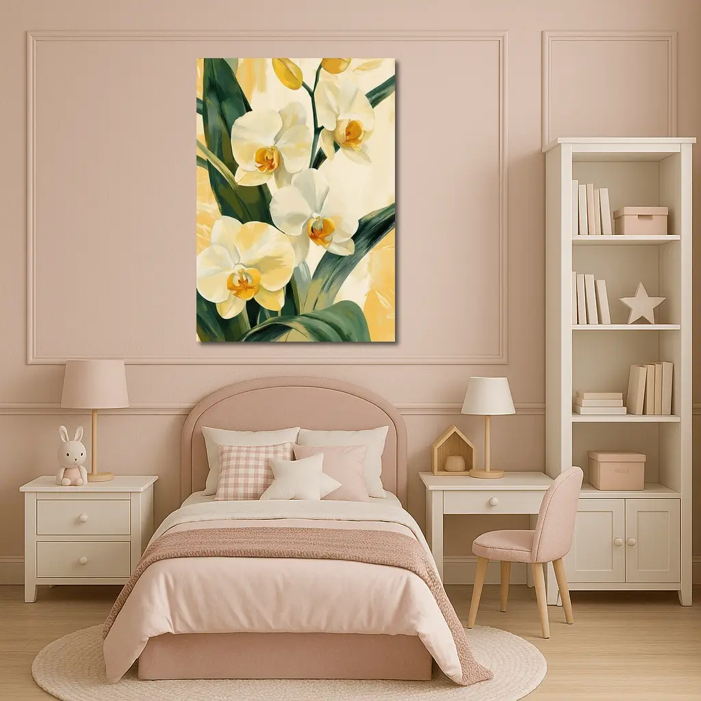 White Orchid Flowers Painting Warm Yellow Background – Wall Art