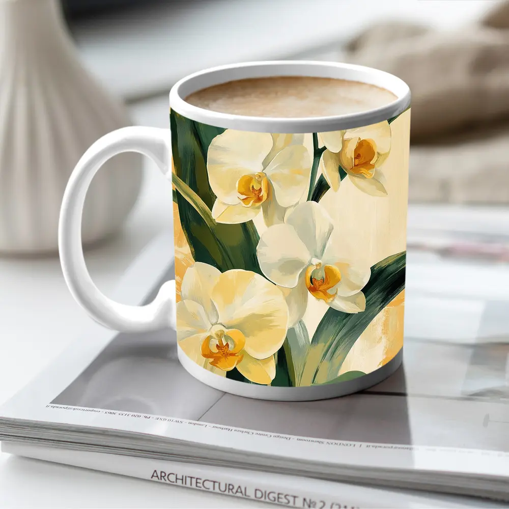 White Orchid Flowers Painting Warm Yellow Background – Mugs