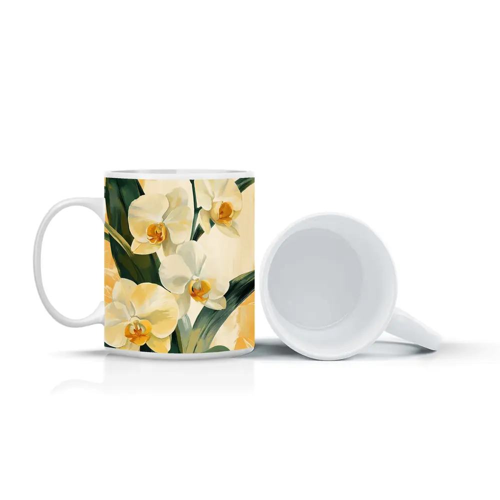 White Orchid Flowers Painting Warm Yellow Background – Mugs