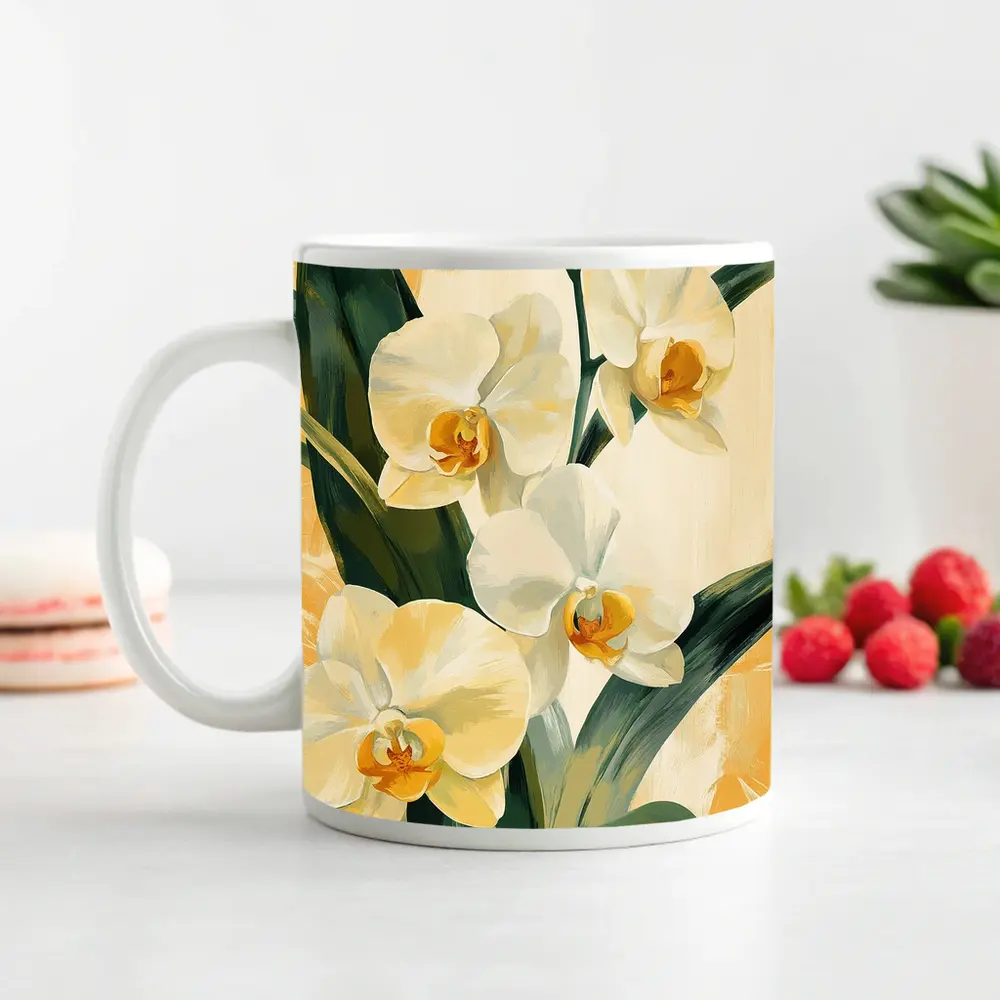 White Orchid Flowers Painting Warm Yellow Background – Mugs