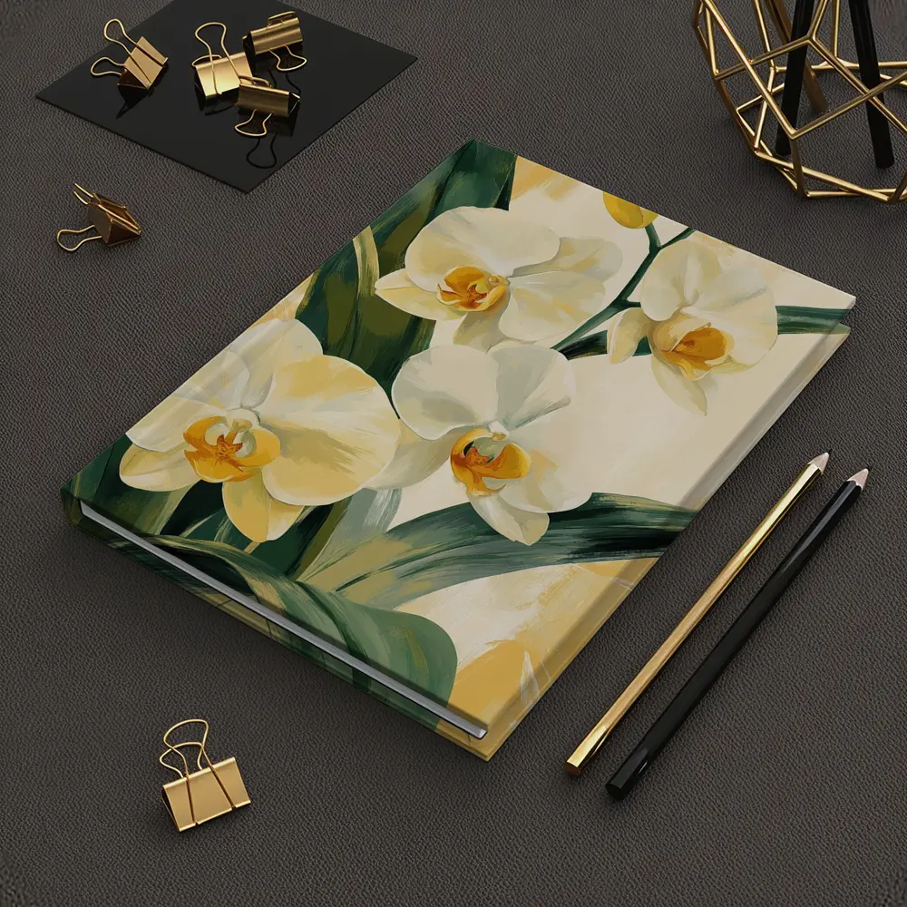 White Orchid Flowers Painting Warm Yellow Background – Notebooks