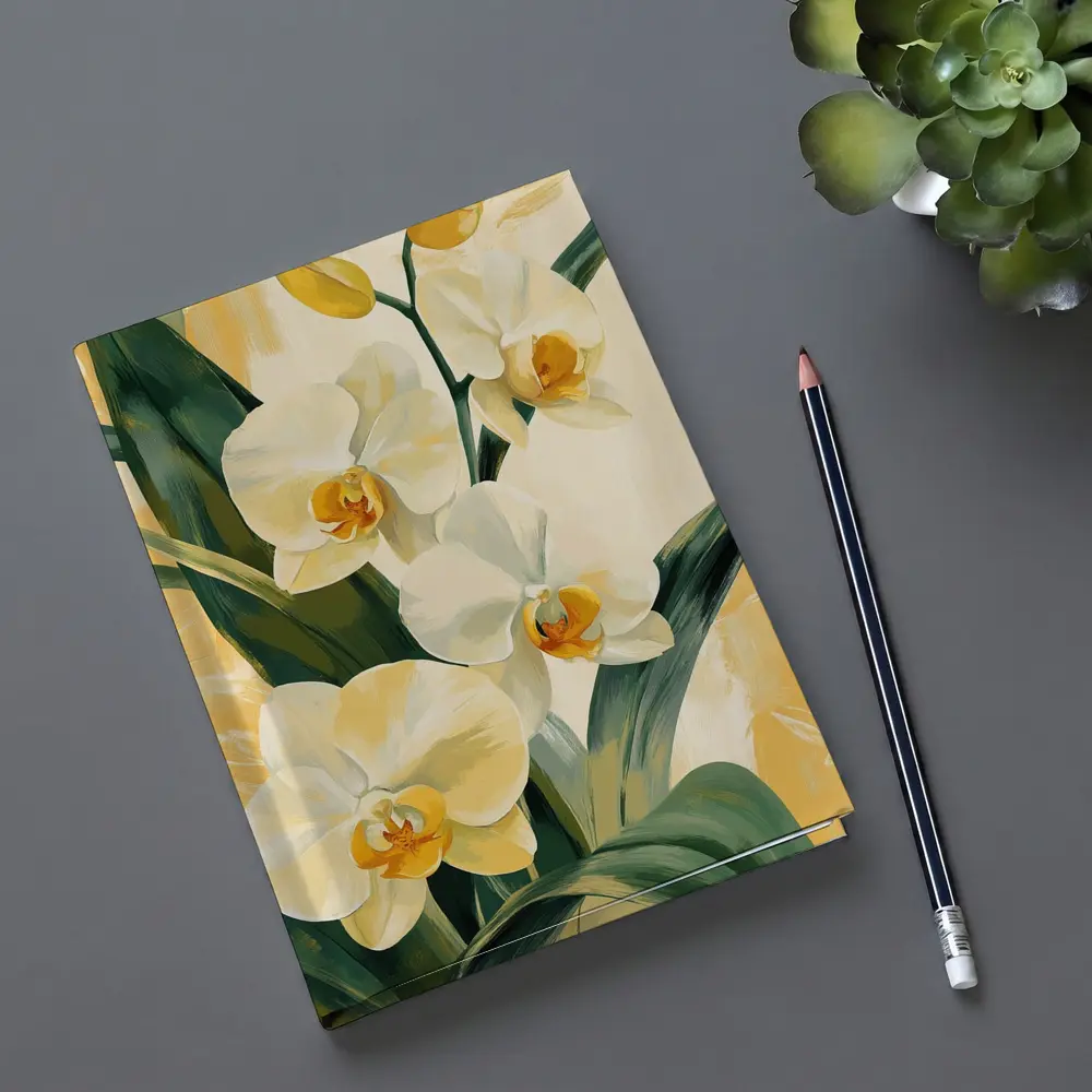White Orchid Flowers Painting Warm Yellow Background – Notebooks