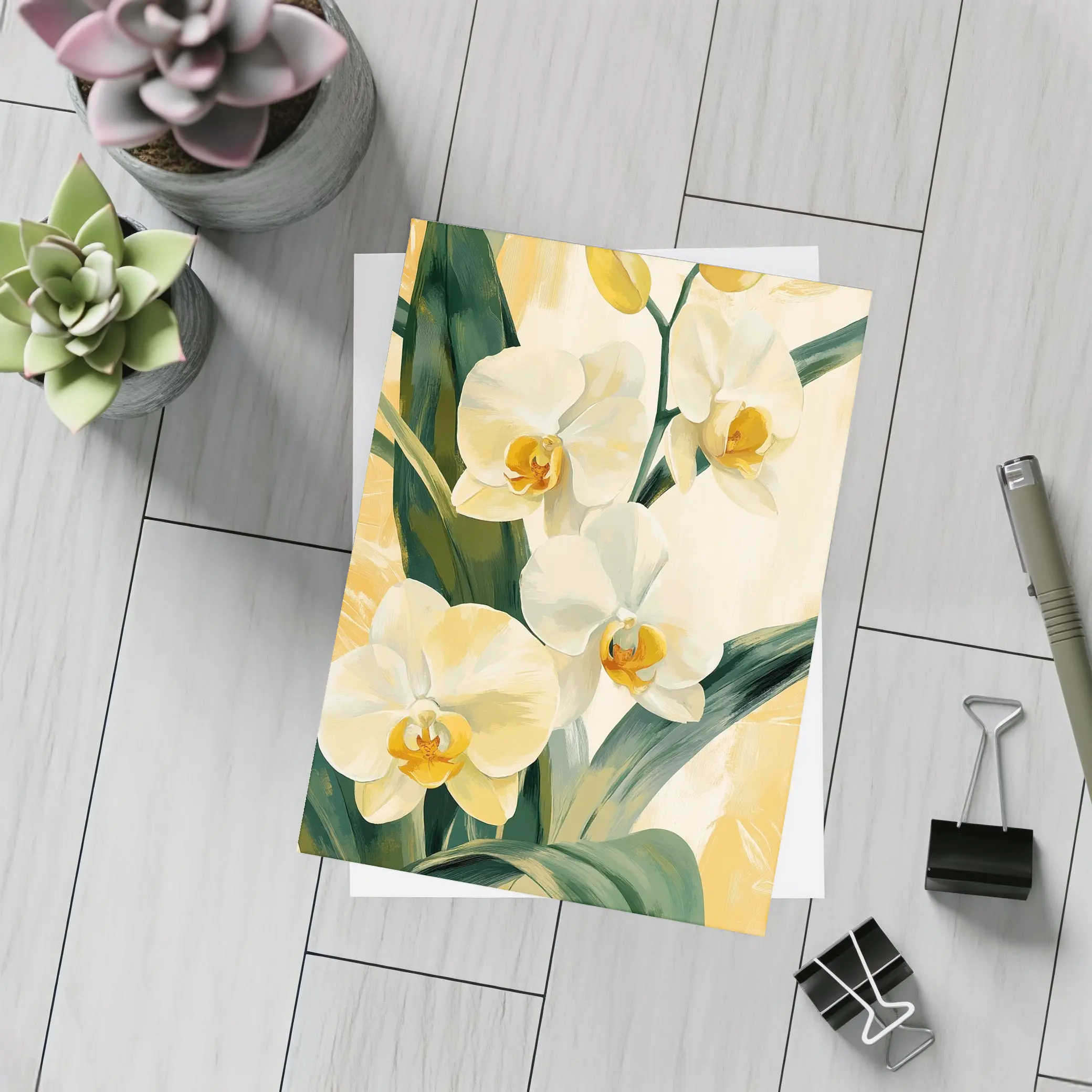 White Orchid Flowers Painting Warm Yellow Background – Postcards