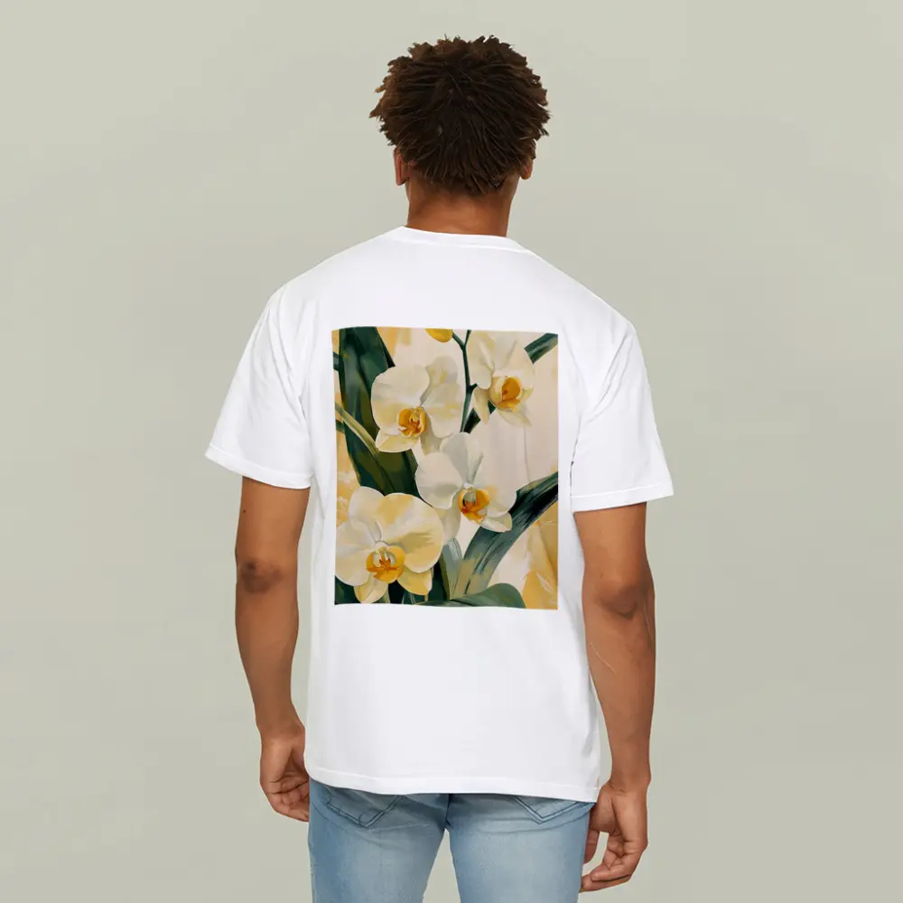 White Orchid Flowers Painting Warm Yellow Background – T-Shirts