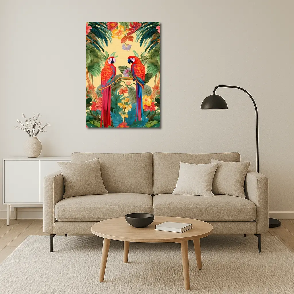 Scarlet Macaw Parrots Tropical Floral Botanical Art – Wall Art