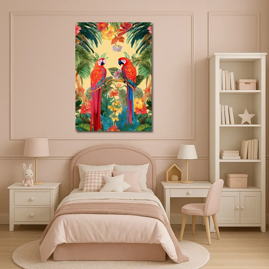 Scarlet Macaw Parrots Tropical Floral Botanical Art – Wall Art
