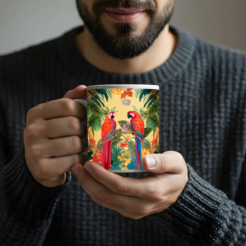 Scarlet Macaw Parrots Tropical Floral Botanical Art – Mugs